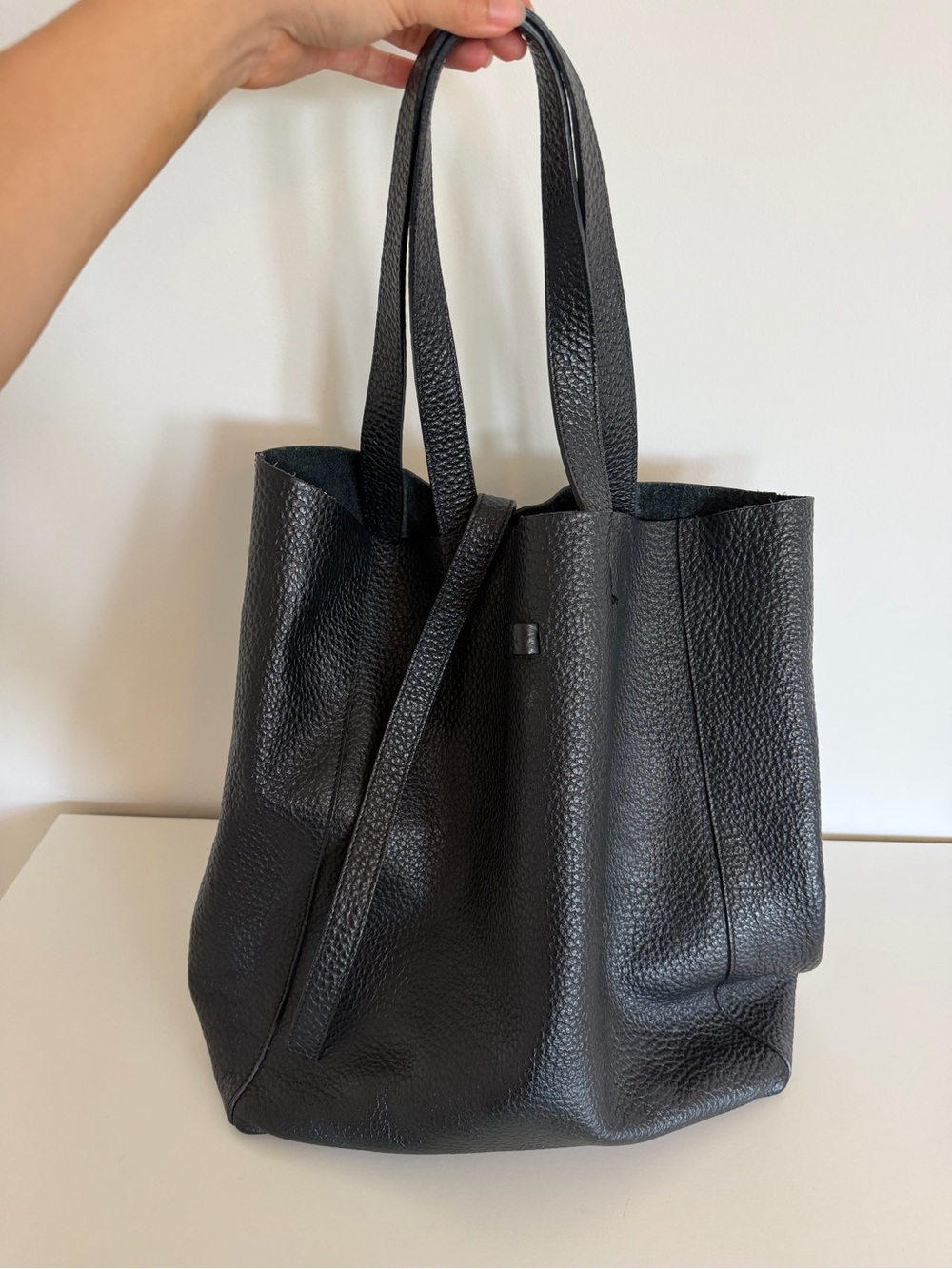 Textured Black Leather Tote Bag with Double Straps